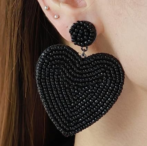 Handmade Large Black Heart Beaded Earrings Seed Beads Cute Statement Jewelry New - Picture 2 of 5